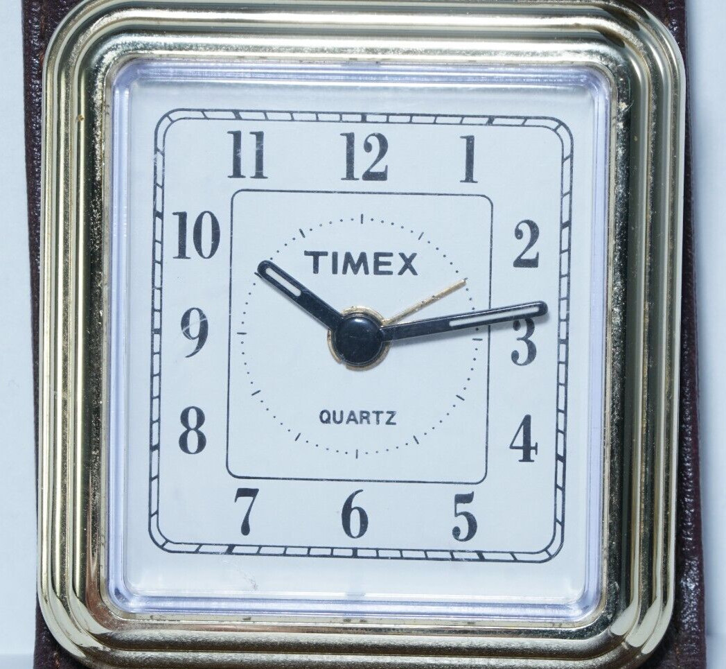 Vintage TIMEX Quartz Travel Alarm Clock, Brown Faux Leather Case, Tested & Works