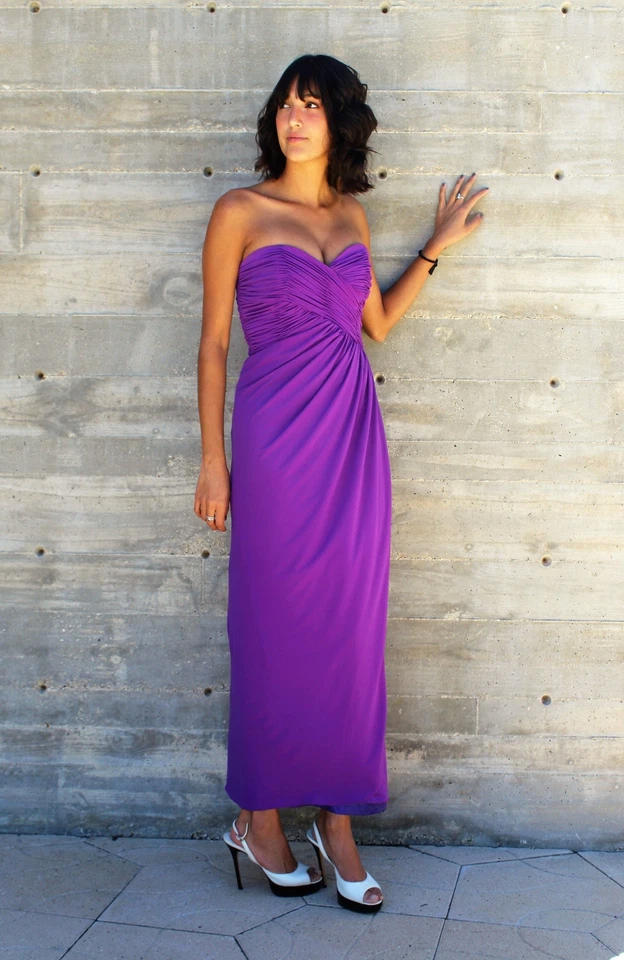 Vestido de Noche Vintage Años 80 Victor Costa Columna Púrpura Sin Tirantes XS/S Mujer Foto 3 de 4