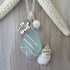 Hawaiian Jewelry Sea Glass Necklace, Wire Wrapped Seafoam Necklace, Pearl