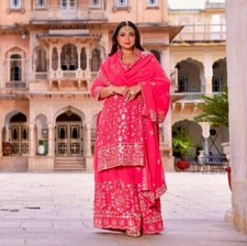 Pink Color Pure Faux Georgette Kurta Palazzo With Dupatta For Traditional Wear