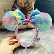 2022 Sequin Pastel Rainbow Tie Dye Headband Ears Disney Parks Minnie Mouse US