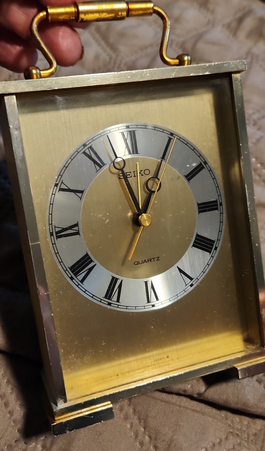 Vintage Seiko Desk Clock Brass QP281G Japan 5"h/6.5h w handle PARTS or