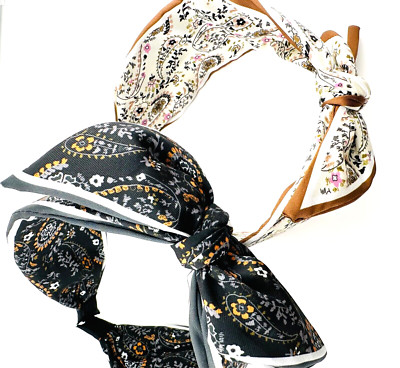 Pair of 2 Wide Satin Knotted Bow Headbands Black & Ivory Floral 2.5'' Wide