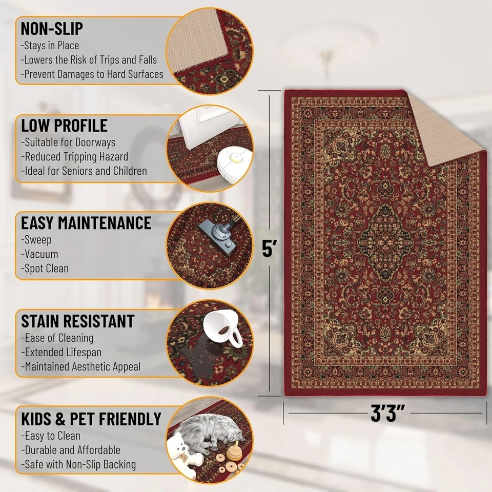 3'3" x 5' Rugs for Living Room Oriental Area Rug for Bedroom - Non Slip Durab... - Image 2 of 4