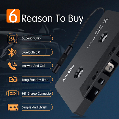 Arsvita Car Audio Cassette To Aux Adapter, 5.1 Bluetooth Receiver Kit For Cassette To Aux Adapter, Bluetooth Receiver Compatible With 3.5 MM Auxillary Cable Tape Adapter, Black, Type BCAK04
