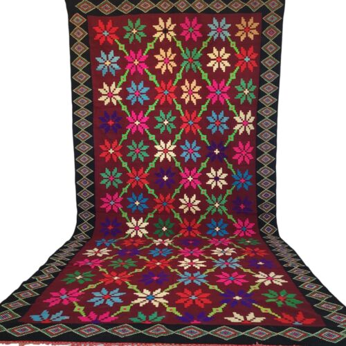 Vintage Handmade Moroccan Fringe Rug Maroon Floral Reddish Brown Carpet