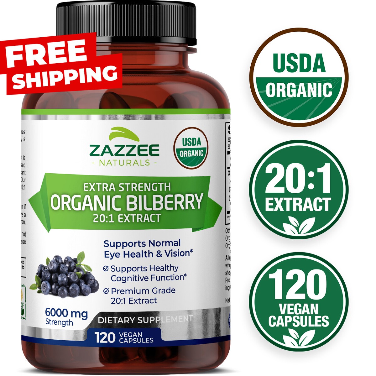 Zazzee USDA Organic Bilberry 20:1 Extract, 6000 mg Strength