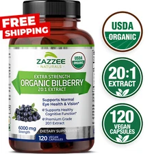 Zazzee USDA Organic Bilberry 20:1 Extract, 6000 mg Strength, 120 Vegan Capsules