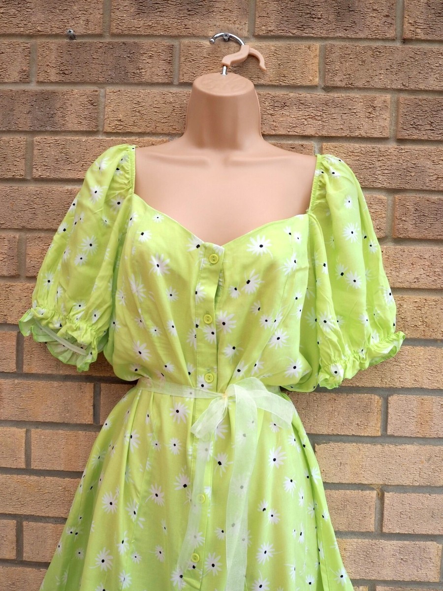 G21 LIME GREEN WHITE DAISY ALL BUTTON SHORT SLEEVE A LINE SUMMER