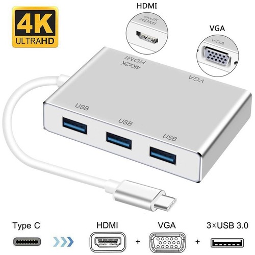 Type C to HDMI 4K 3x USB 3.0 HUB VGA Video Adapter 4Kx2K For Apple Macbook to TV - Afbeelding 1 van 7