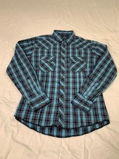 WRANGLER WESTERN PLAID PEARL SNAP LONG SLEEVE SHIRT BLUE Double Stitching