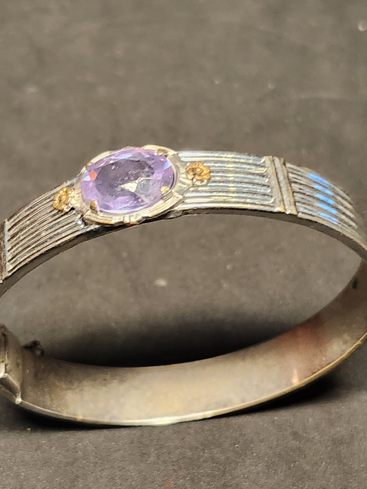 Art Deco Bracelet Lavender Stone Hinged Bangle Safety Chain by Allco