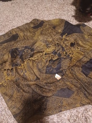 Pashmina Paisley Blue Tan Brown Cashmere Silk Woven Fringe Women s Scarf