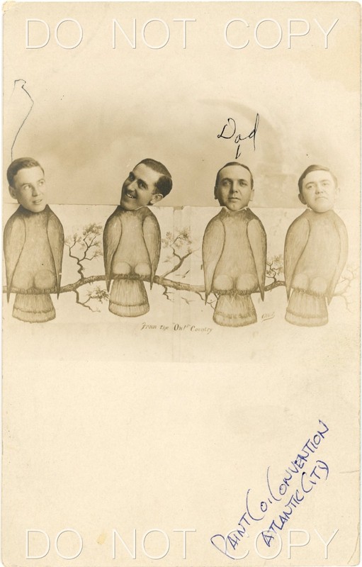 1900s RPPC Photo Postcard Heads on Owl Bodies Boardwalk Atlantic City NJ