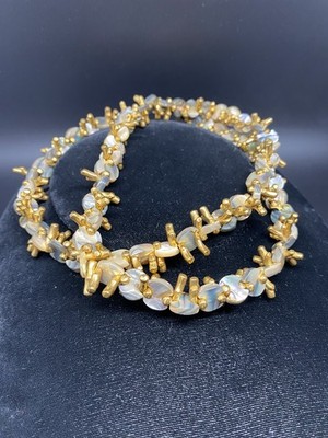 VTG Miriam Haskell  Shell Necklace Gilt Gold Beaded Beachy Boho Signed 