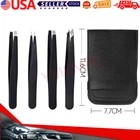 US Tweezers Set 4 Piece Professional Black Plucker Stainless Steel With Case