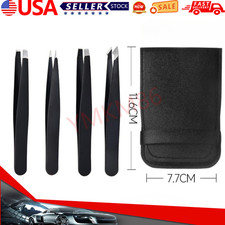US Tweezers Set 4 Piece Professional Black Plucker Stainless Steel With Case