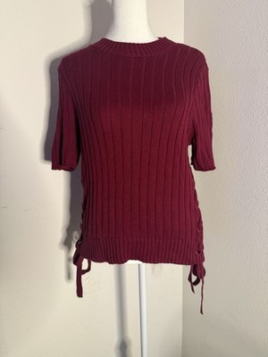 Express NWT Burgundy Ribbed Knit Side Lace Up Short Sleeve Sweater Top L 42371