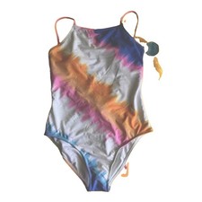NWT Girls SZ L Decree Swimsuit Tie Dye One Piece Multicolor White Lined RP 50