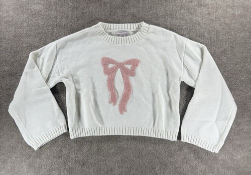 Sincerely Jules Bow Sweater XS White Pink Knit Crop Pullover Cozy Cute