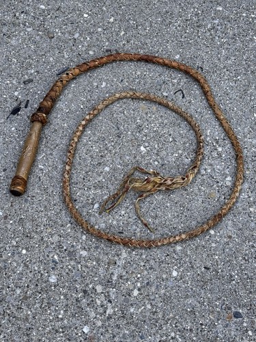antique 7’ BULL WHIP brown leather BRAIDED vintage COWBOY equestrian