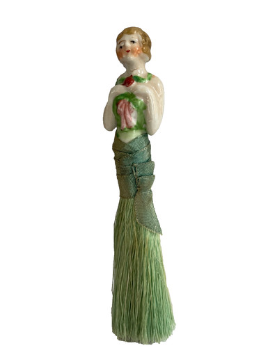 Vintage Half Doll Flapper Girl Holding Rose Whisk Pin Cushion Doll Japan
