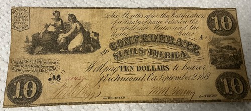 1861 $10 Richmond Confederate Note Marked 237 on Back - Picture 1 of 2