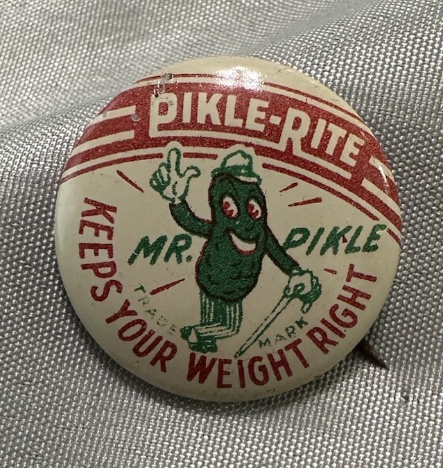 1940’s Vintage Mr. Pikle Advertising Button Pin Funny Cute Nostalgic .75 Inch 
