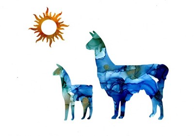 Original Print - Collage Artwork Blue Green Baby Mama Llama Sunny Day  5''x7''