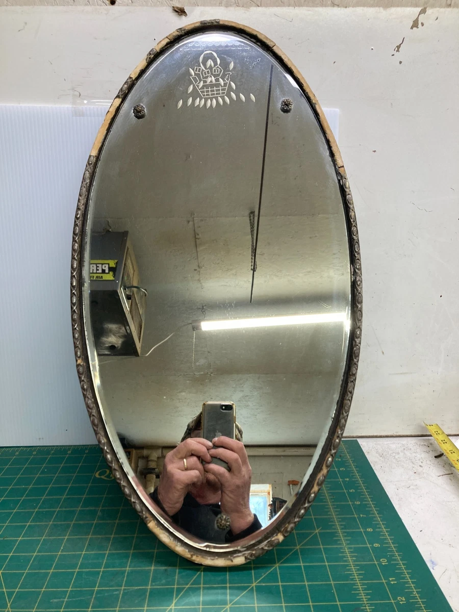 Antique Oval Ornate Wall Mirror Beveled Glass Etched Flowers