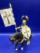 Vintage Schleich White Gold Cross Crusader Knight on Black Horse 2003  #70035