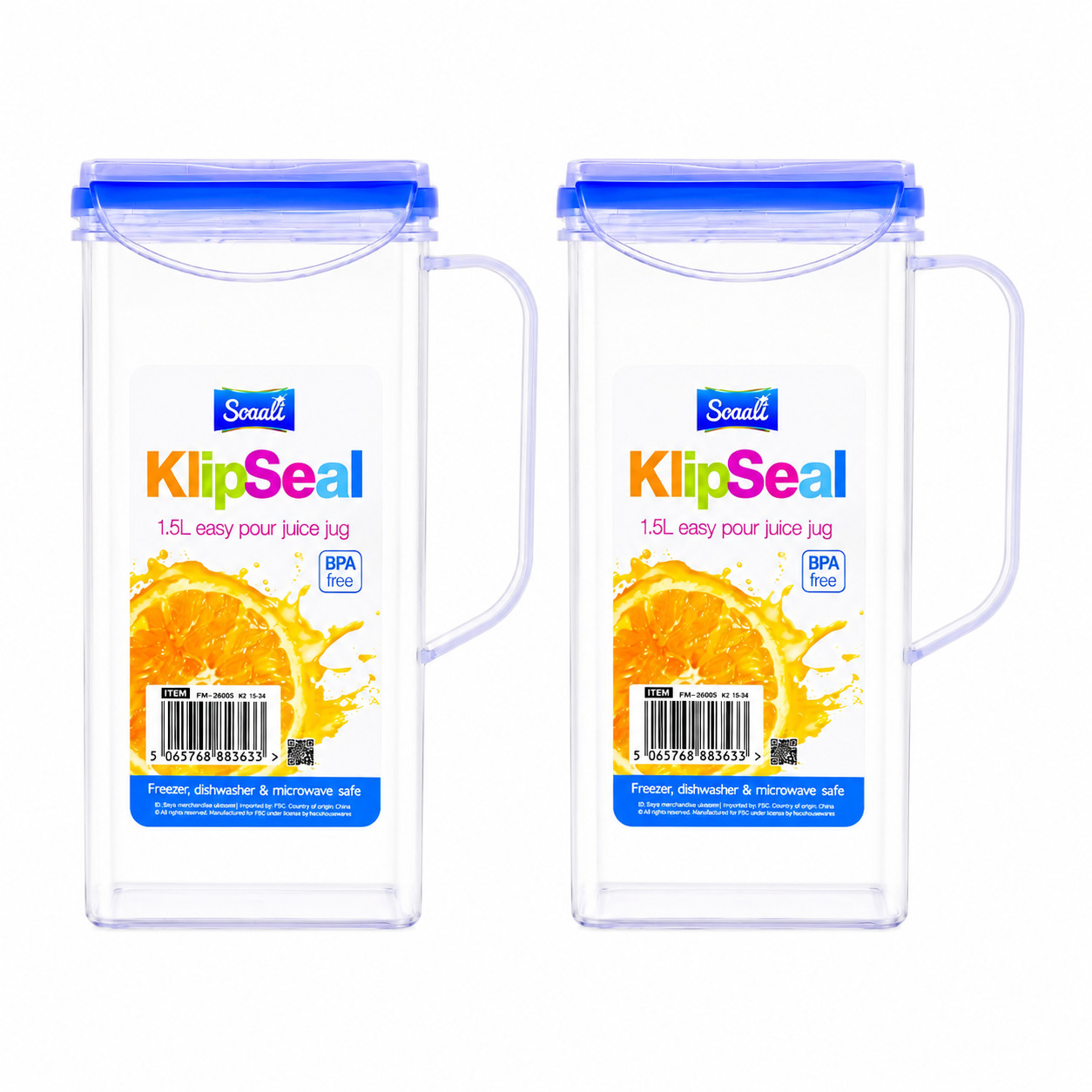 Drinks Container Juice Jug 2 x 1.5L KlipSeal Easy Pour Summer Fridge Airtight