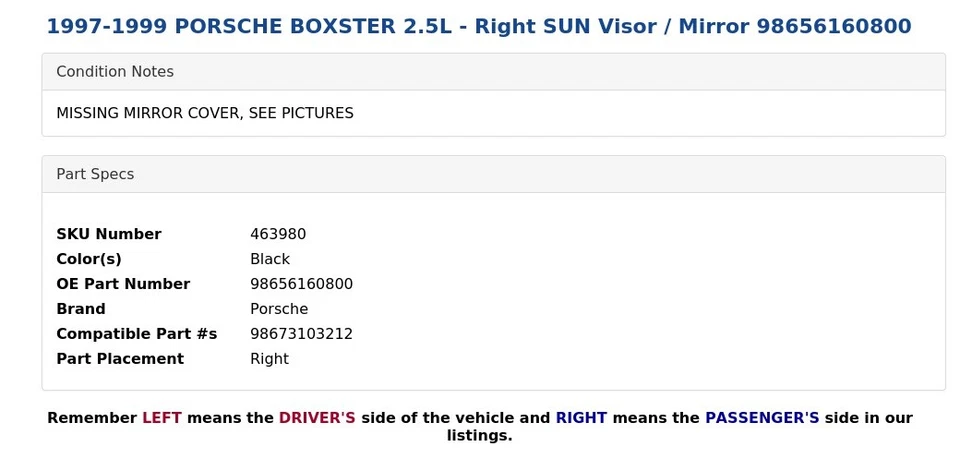 1997-1999 PORSCHE BOXSTER 2,5L - Viseira solar direita / espelho 98656160800 - Imagem 4 de 4