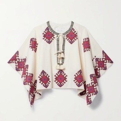 Johanna Ortiz Bushveld Poncho Embroidered Fabric Tassels Cream Size M