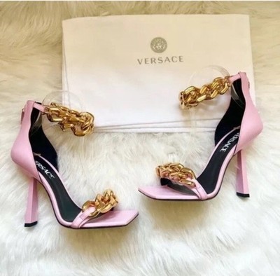 New! Versace Pink Leather Medusa Logo Gold Chain Sandals Heels Sz. 38 $1450