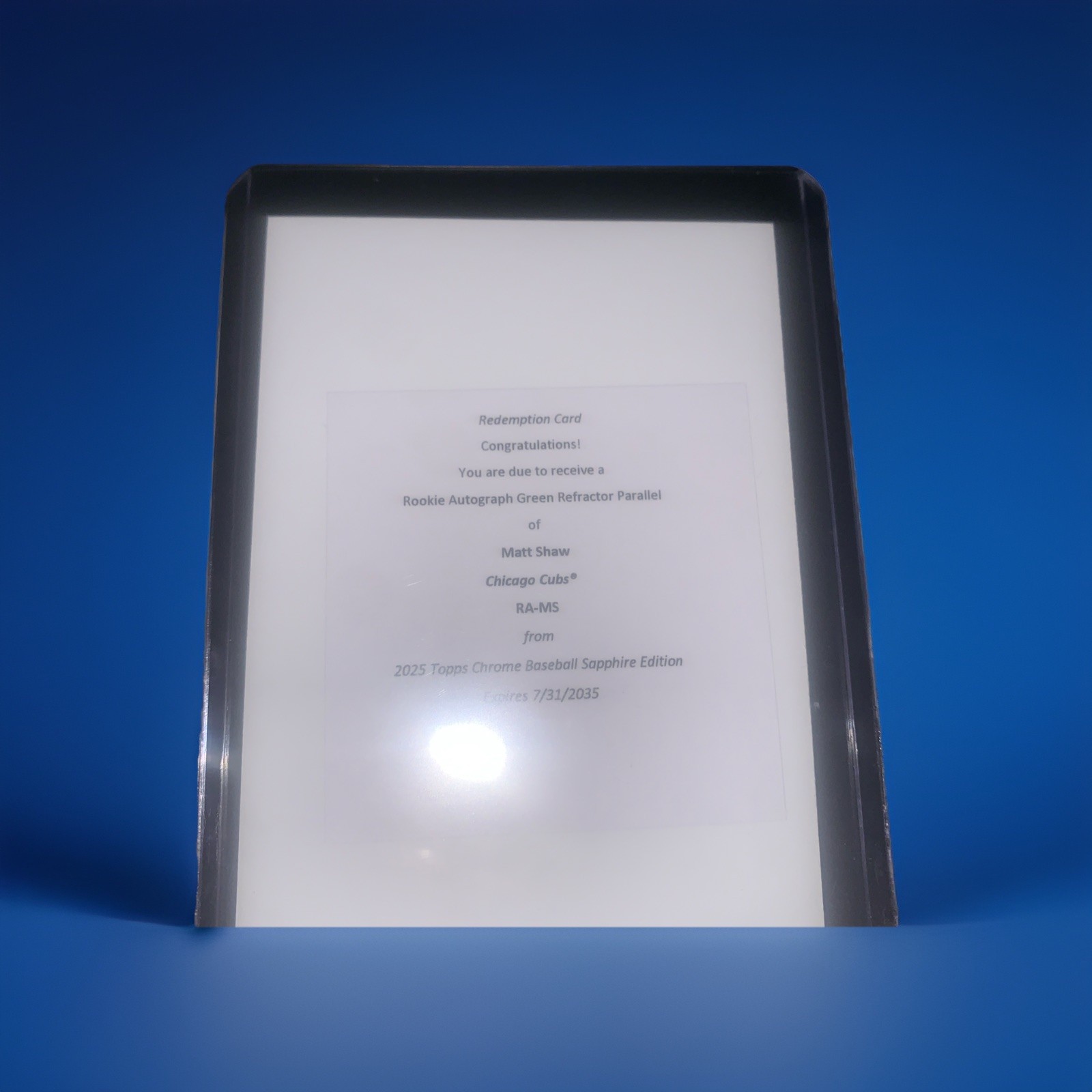 Matt Shaw 2025 Topps Chrome Sapphire Rookie Autograph Green Refractor /99 Redemp