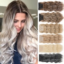 Long Curly Wavy Clip in Real as Human Hair Extensions Natural THICK Full Head US