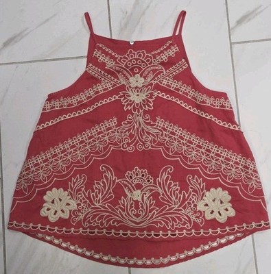 Anthropologie Vanessa Virginia Embroidered Linen Blend Tank Top Red Size 4
