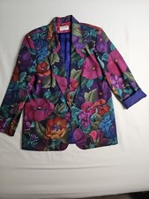 Vtg Bold Deep Color Floral Jacket Power Blazer Womens