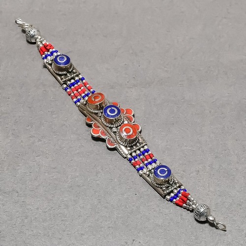 Lapis Lazuli Red Coral Baho Bracelet Tibetan Silver Nepali Jewelry 7" NBB 3265 - Picture 2 of 7