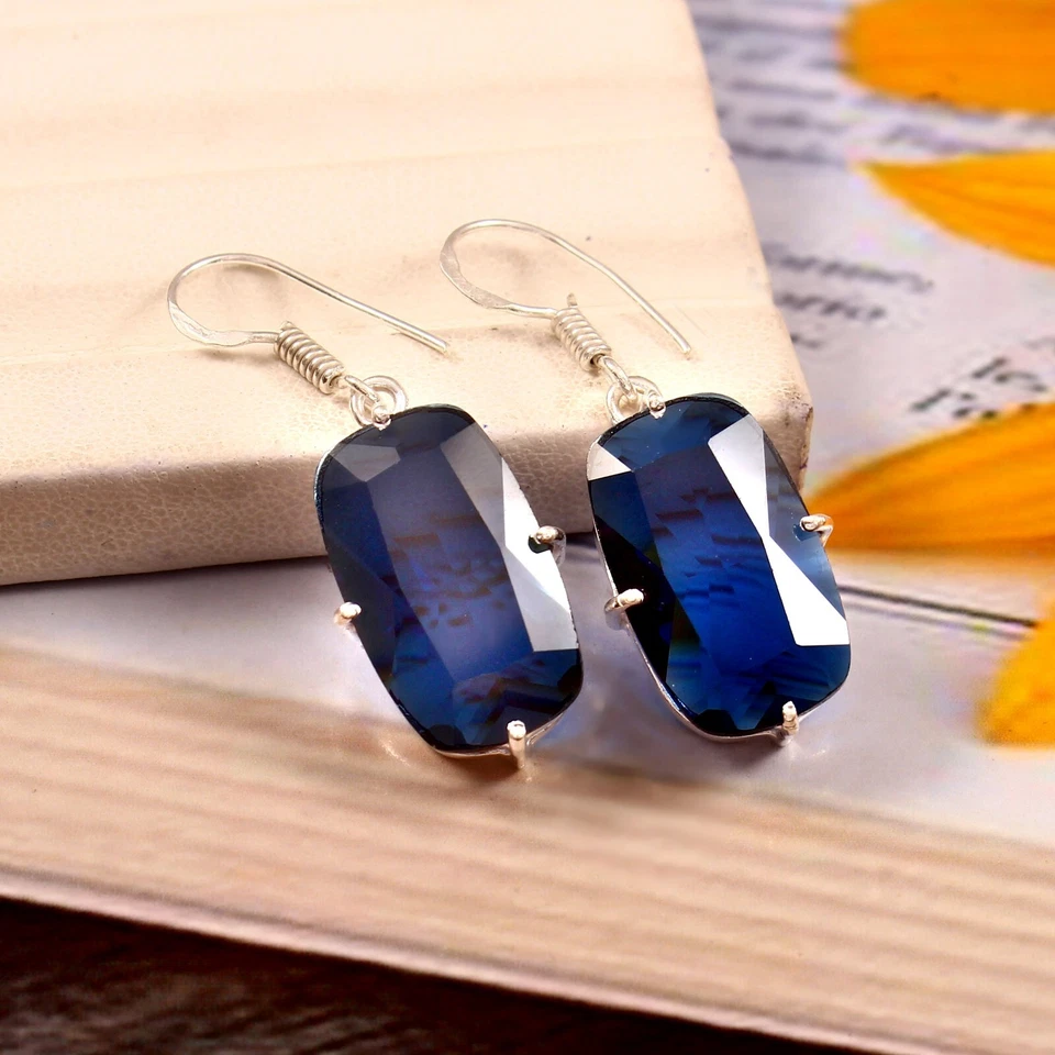 Blue Sapphire Quartz Cushion Gemstone Silver Plated Earrings Jewelry 1.25" - Image 3 of 3