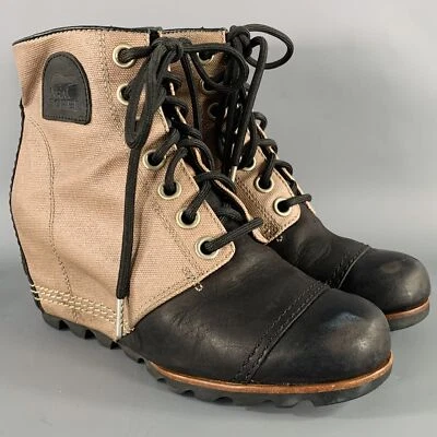 SOREL Taille 7.5 Noir Taupe Toile Mélange Matériaux Compensé Bottes - Photo 1/4