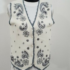 Koret Sweater Vest Button Up Woman's P Cream Color Acrylic Sleeveless Paisley