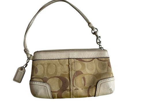 COACH Cream Tan Monogram Wristlet Leather Trim Purse Wallet Top Zip VTG Y2K
