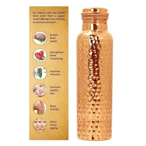 Pure Copper Water Bottle Hammered For Health Benefits 1 ltr- Set of 2 - Bild 3 von 4