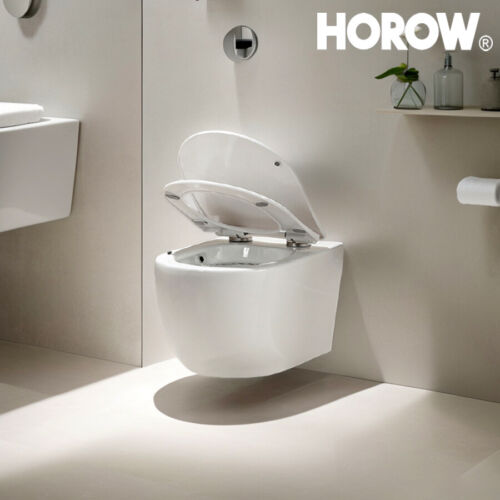 Set WC da parete Horow WC senza bordi di risciacquo bianco sospeso sedile WC WC abbassamento automatico nuovo - Foto 1 di 18