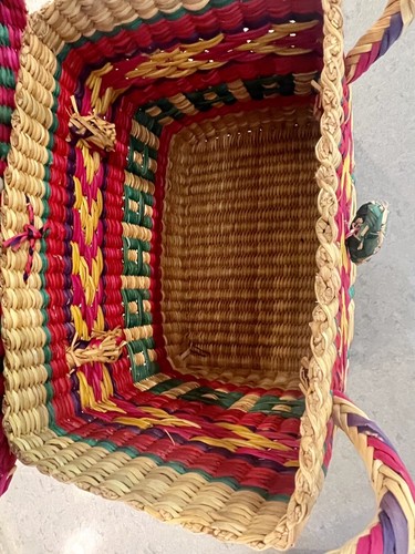 Handmade Woven Multicolor Straw Basket Made In Mexico - Picture 8 of 11