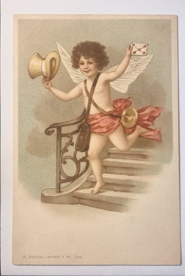 Jugendstil AK um 1910 Amor Botenflügel Gold Zylinder Hut lockiges Haar Cherub