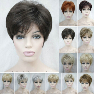 Women Lady Short Wigs Bob Pixie Brown Grey Brown red Natural Full Hair Wig