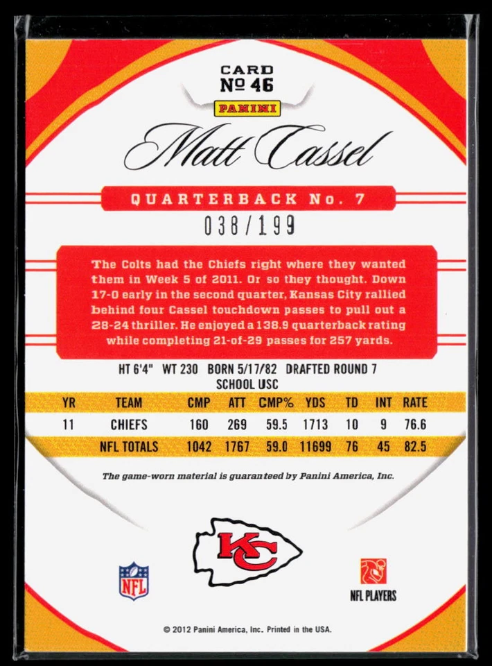 Matt Cassel 2012 Panini Certified #46    Mirror Red Materials    MEM, SN199 - Image 2 of 2